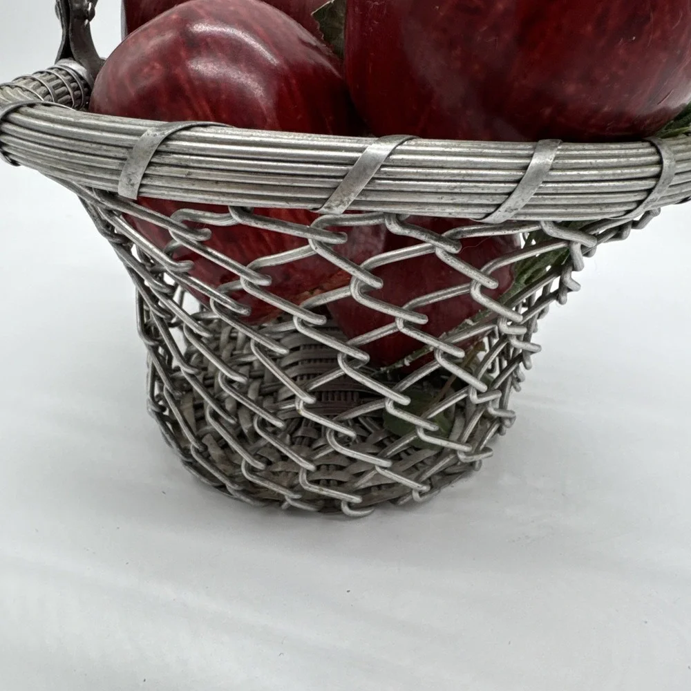 Silver Basket Woven Metal Hinged Handle Natural Patina India W/ Faux Apples